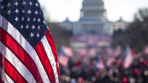 American Flags Waving at a Historic Gathering Near the Capitol Building in Winter photo