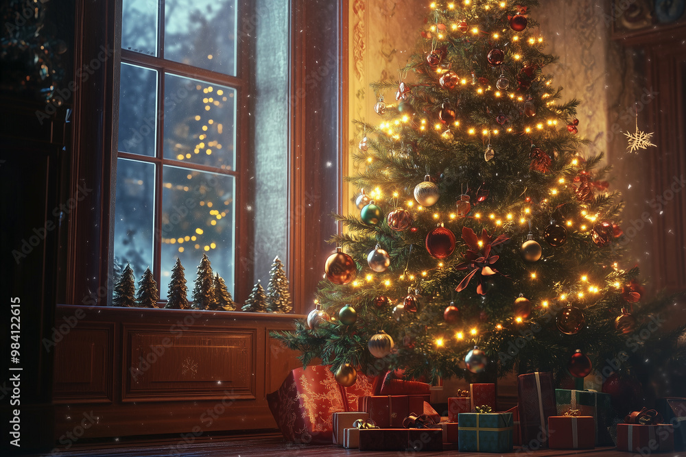 Christmas tree decorated with ornaments with presents. Christmas tree decorated with ornaments with presents.