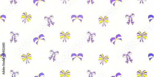 Purple ribbons bows on a white background seamless pattern.  Flat illustration.