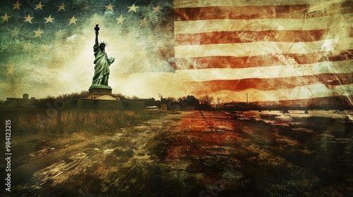 Statue of Liberty Intertwined With the American Flag at Sunset Near New York