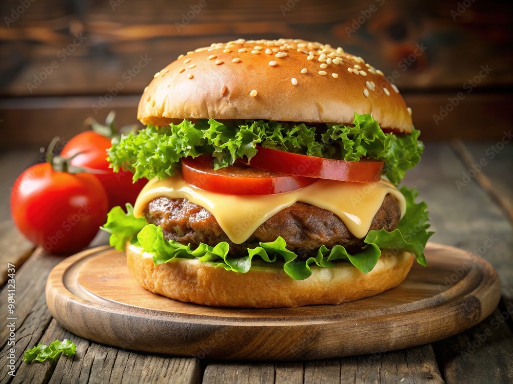 Soft bun cradles a delectable beef patty, melted cheese oozing out, fresh lettuce and ripe tomato adding crunch and flavor to this satisfying meal. Soft bun cradles a delectable beef patty, melted cheese oozing out, fresh lettuce and ripe tomato adding crunch and flavor to this satisfying meal.