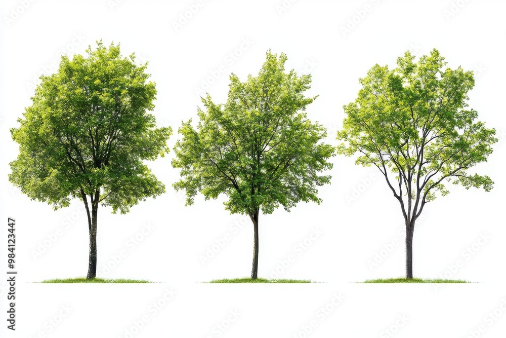 A set of four lush, vibrant green trees standing tall against a white background A set of four lush, vibrant green trees standing tall against a white background