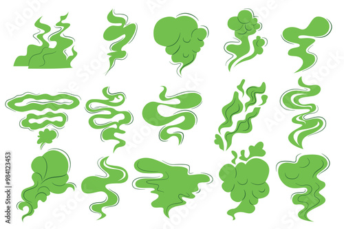 Set of stinky smoke in flat cartoon design. These illustrations contain different types of green smoke patterns in different shapes on a white background. Vector illustration.