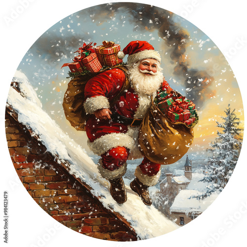 Santa Claus on a snowy rooftop with a sack of gifts, overlooking a festive Christmas village. Perfect for holiday season themes, winter celebrations, and Christmas materials.