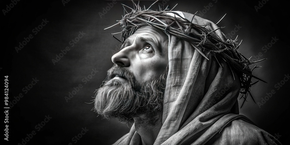 Solemn figure with crown of thorns and flowing beard, clad in simple robes, gazing upward in contemplation, set against a stark, high-contrast black and white background. Solemn figure with crown of thorns and flowing beard, clad in simple robes, gazing upward in contemplation, set against a stark, high-contrast black and white background.
