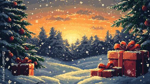 Illustration 8 bit pixel of christmas background.