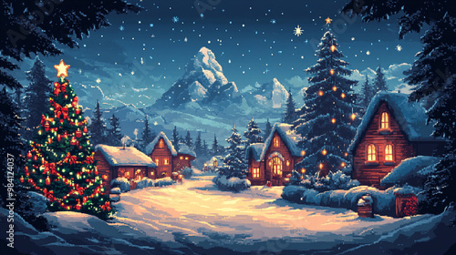 Illustration 8 bit pixel of christmas background.