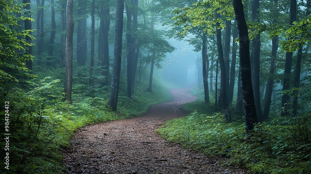 Obraz premium Misty forest with tall trees and a winding path through the greenery