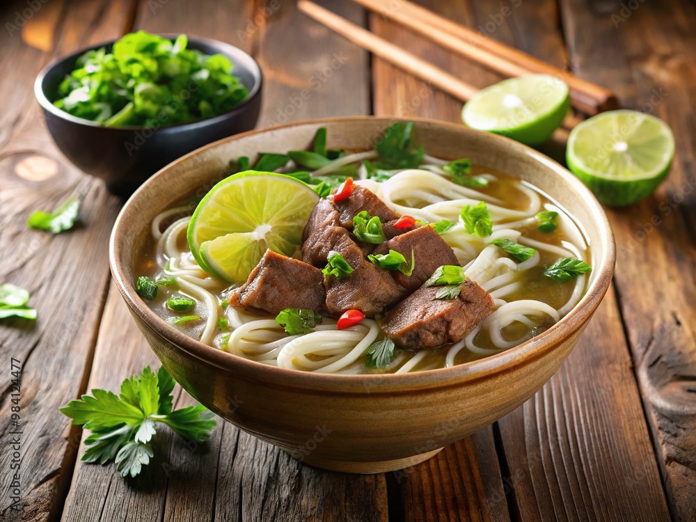 Steaming hot broth overflows with tender beef slices, soft white rice noodles, and fresh herbs, served with a squeeze of lime juice awaiting enjoyment. Steaming hot broth overflows with tender beef slices, soft white rice noodles, and fresh herbs, served with a squeeze of lime juice awaiting enjoyment.