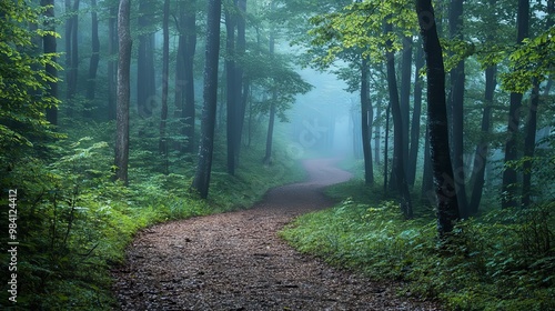 Misty forest with tall trees and a winding path through the greenery