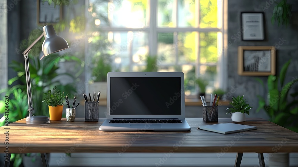 Modern Workspace with Desk, Laptop and Notebook Modern Workspace with Desk, Laptop and Notebook