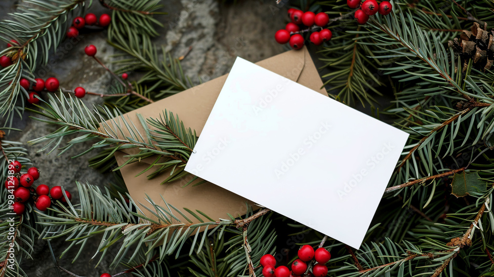 Overhead view of a Festive greeting card mockup with blank card on green surrounded by pine branches Overhead view of a Festive greeting card mockup with blank card on green surrounded by pine branches