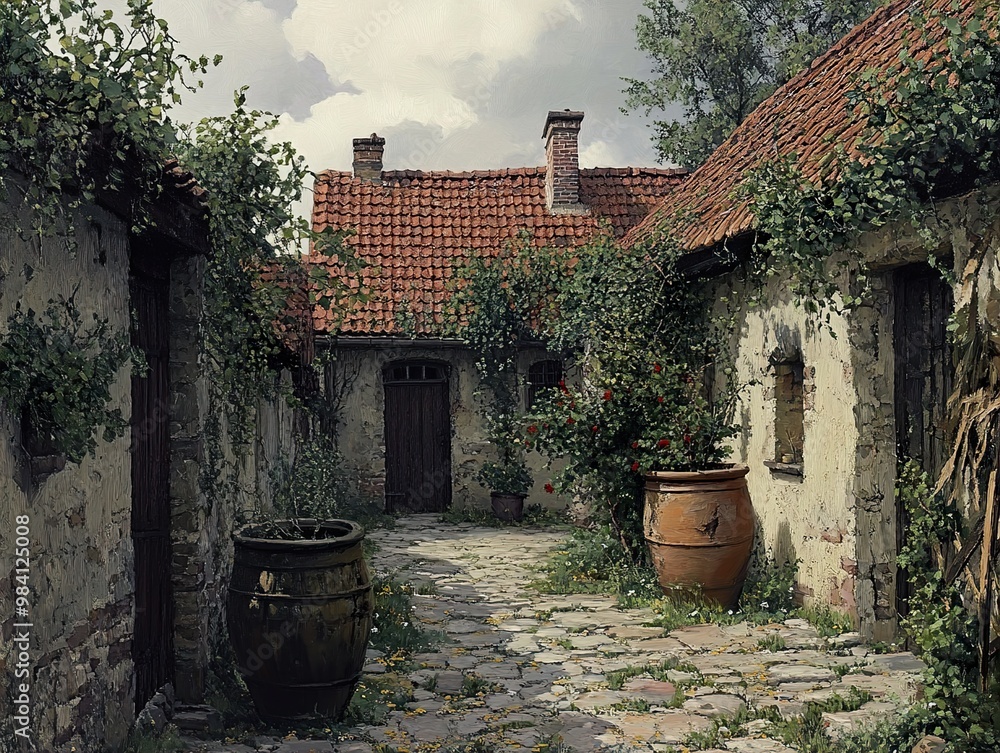 Charming Stone Courtyard with Old Buildings and Ivy Charming Stone Courtyard with Old Buildings and Ivy