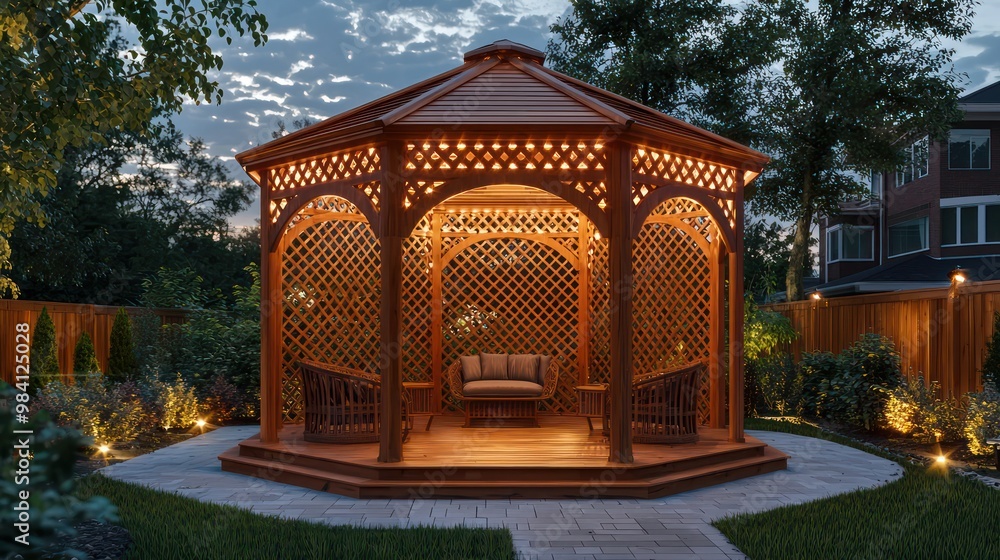 Fototapeta premium A luxury wooden gazebo in a suburban backyard, designed with intricate lattice work and integrated lighting for evening use