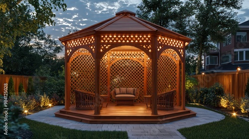 A luxury wooden gazebo in a suburban backyard, designed with intricate lattice work and integrated lighting for evening use