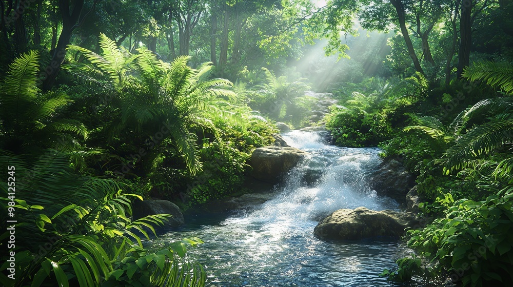 Fototapeta premium Mountain stream flowing through a thick forest