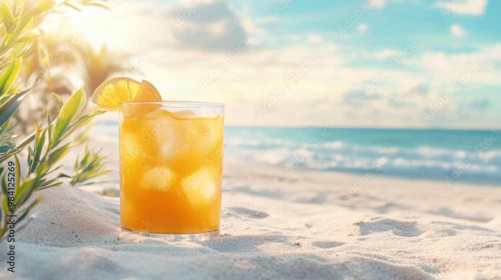 A refreshing cocktail sits on a sandy beach with ocean waves in the background.
