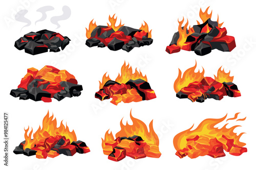 Set of burning charcoals in flat cartoon design. Various images of burning coals showing multi-colored flames in different stages. Vector illustration.