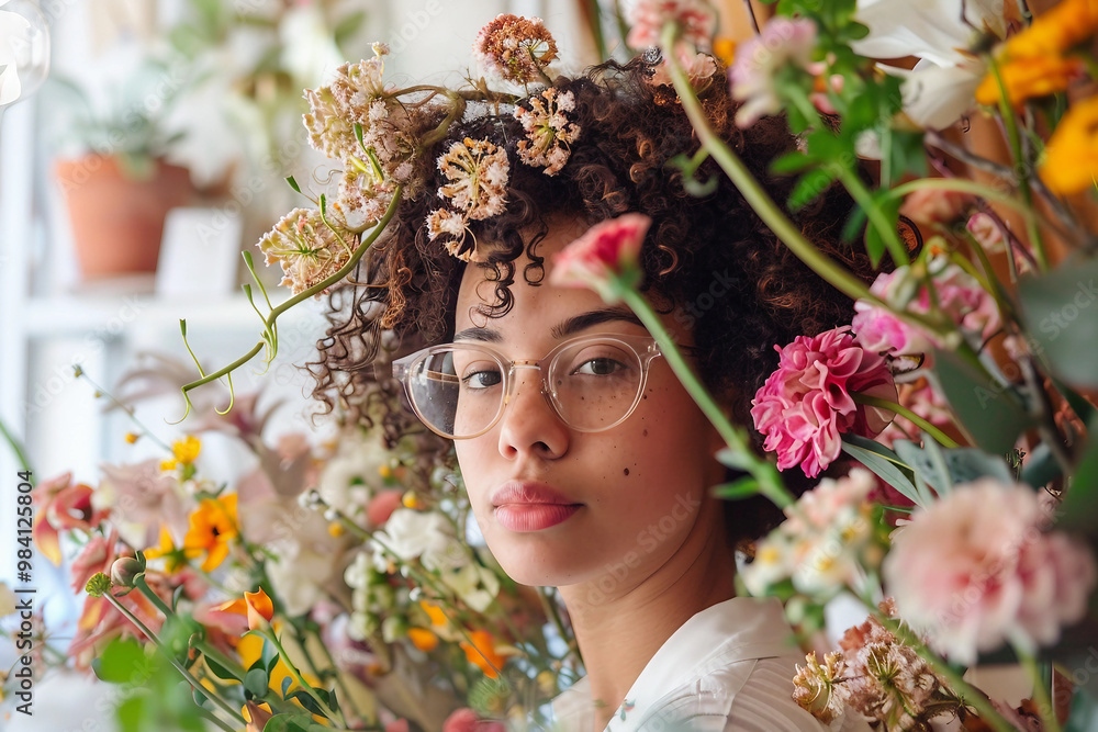 Obraz premium Beautiful scenic flower store shop with its owner nursing blossom arranging bouquet, Generative AI