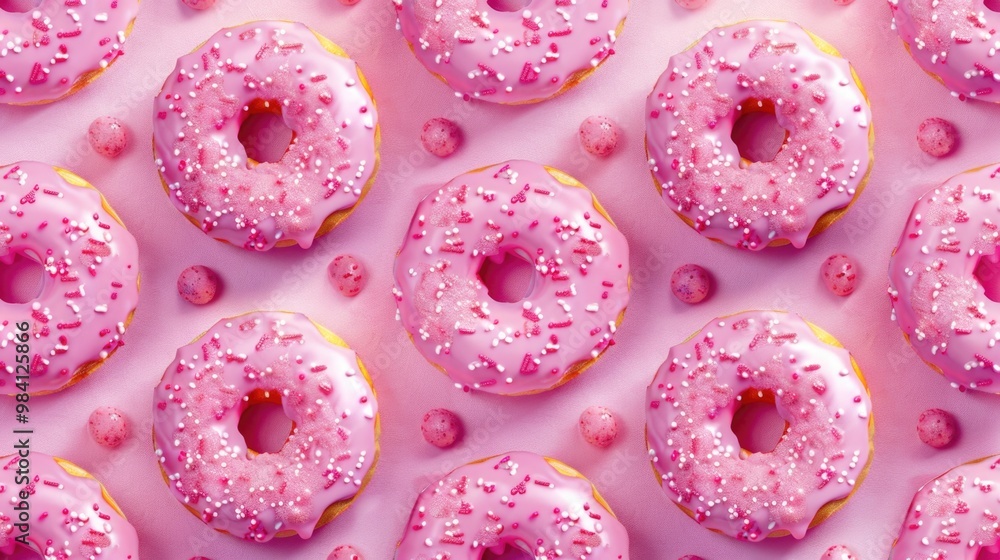 Delicious donuts with pink frosting and sprinkles. Delicious donuts with pink frosting and sprinkles.