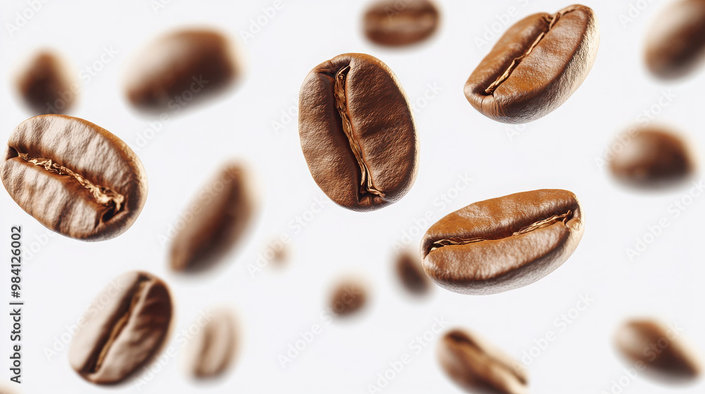 A collection of floating coffee beans against a light background. A collection of floating coffee beans against a light background.