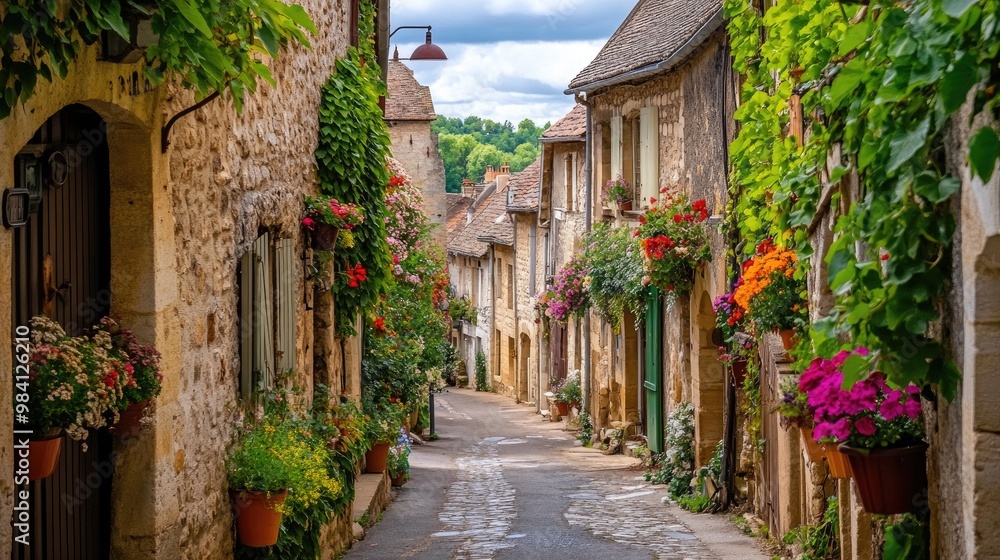 Fototapeta premium A charming French village with ivy-covered stone houses, narrow alleyways, and vibrant flower boxes on the windowsills