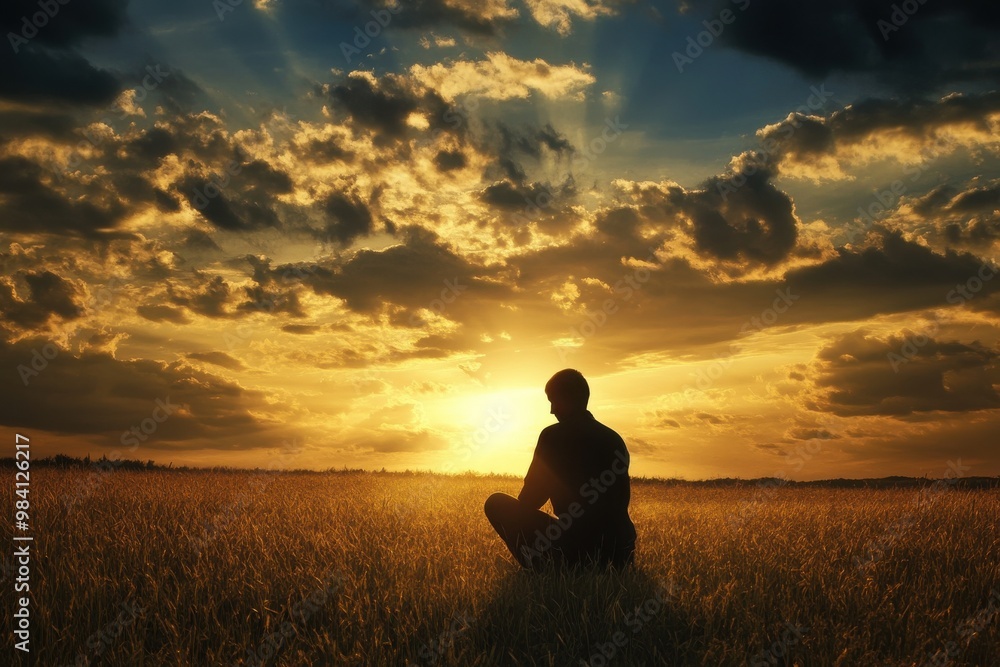 A silhouette of a man kneeling in a vast field as the sun sets, golden light casting long shadows A silhouette of a man kneeling in a vast field as the sun sets, golden light casting long shadows