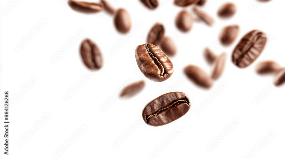 Floating coffee beans against a white background, emphasizing freshness and quality. Floating coffee beans against a white background, emphasizing freshness and quality.