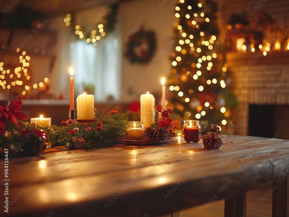 An inviting Christmas dining room, filled with festive decorations and candlelit warmth. An inviting Christmas dining room, filled with festive decorations and candlelit warmth.