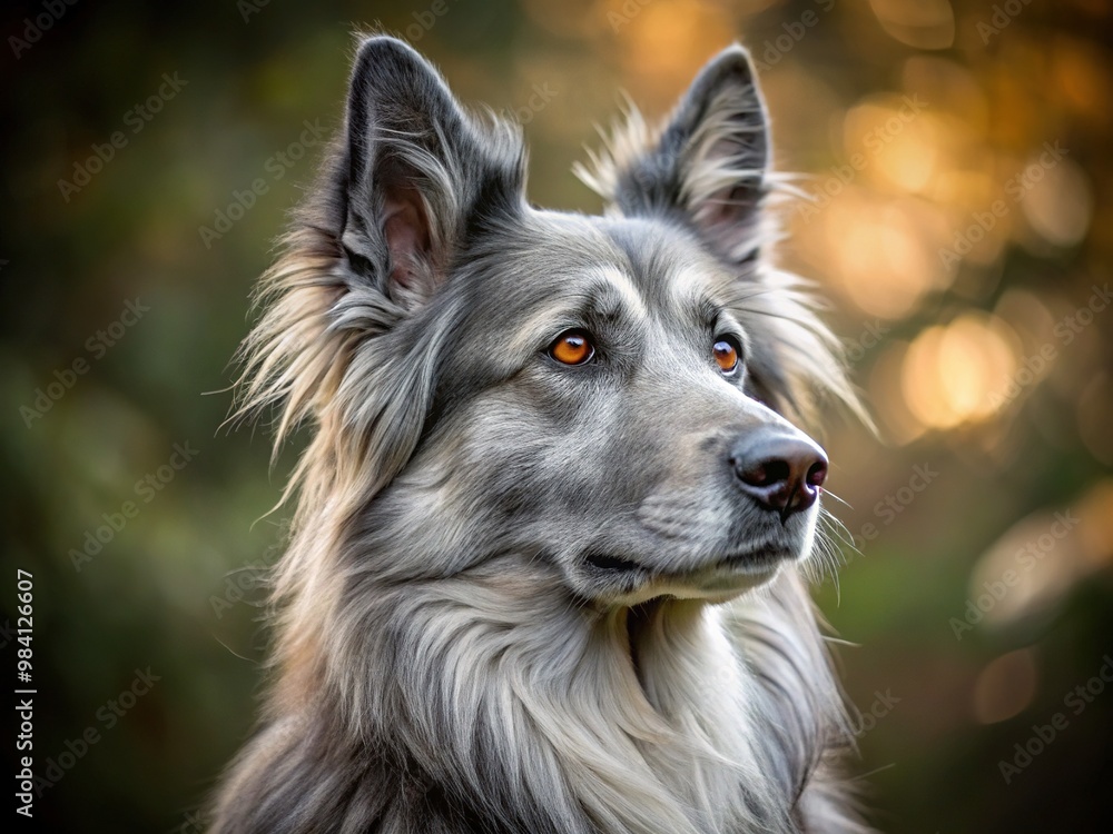 This majestic dog, with a silky grey coat and distinctive head crest, fixes its large, dark eyes on a distant point, its gaze serene. This majestic dog, with a silky grey coat and distinctive head crest, fixes its large, dark eyes on a distant point, its gaze serene.