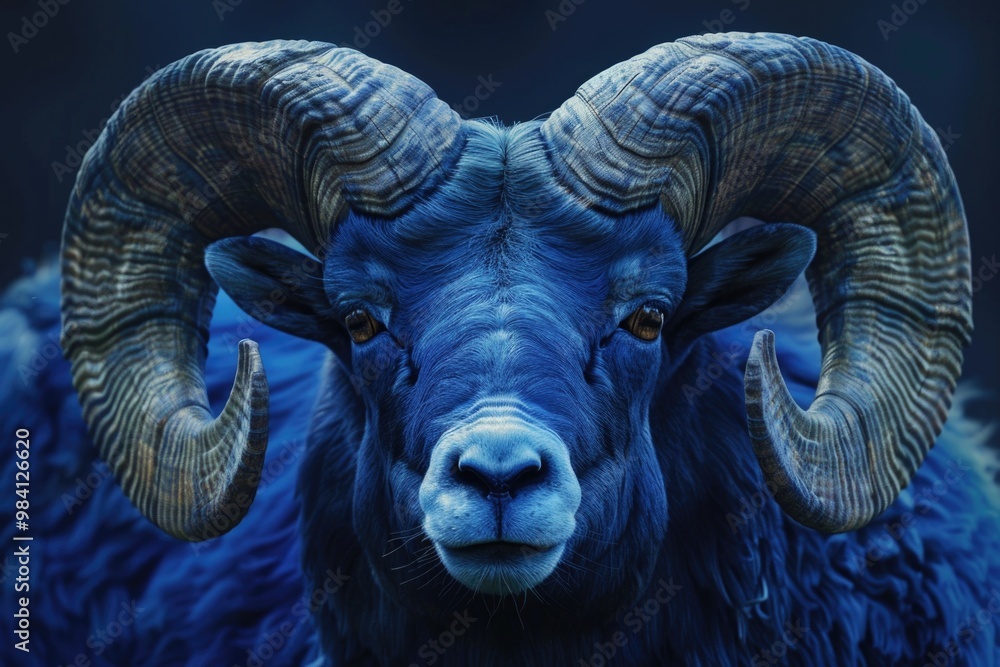 Obraz premium Majestic mountain goat with large curved horns, gazing directly into the camera against a dramatic backdrop.