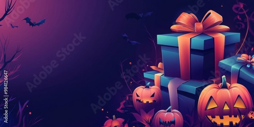 Enchanting Halloween scene with gift boxes, carved pumpkins, and bats on a mystical purple backdrop, perfect for festive and digital marketing needs photo