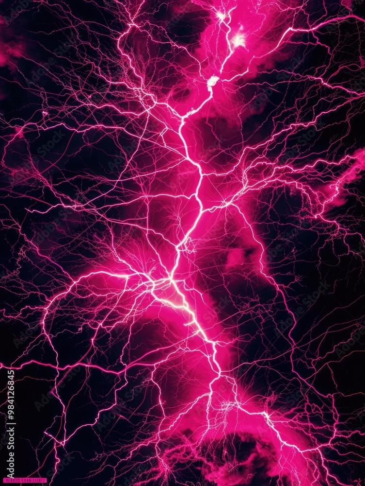 Obraz premium A surreal and vibrant image featuring a large pink lightning bolt striking across the dark sky, evoking themes of energy, power, and nature's unpredictability.