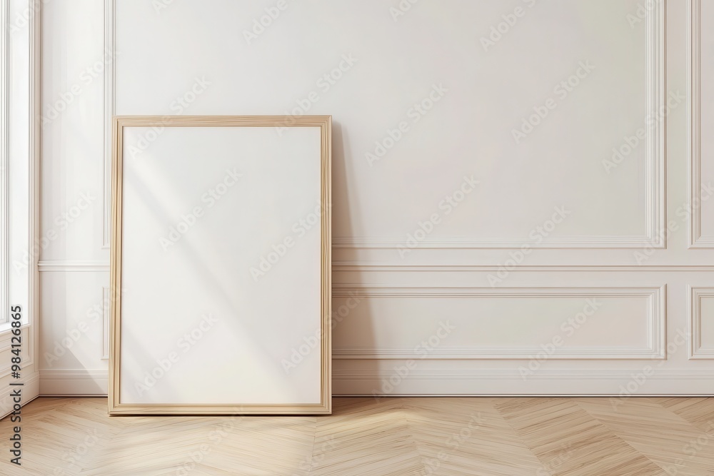 A simple and minimalist interior with a wooden-framed blank canvas leaning against a white wall A simple and minimalist interior with a wooden-framed blank canvas leaning against a white wall