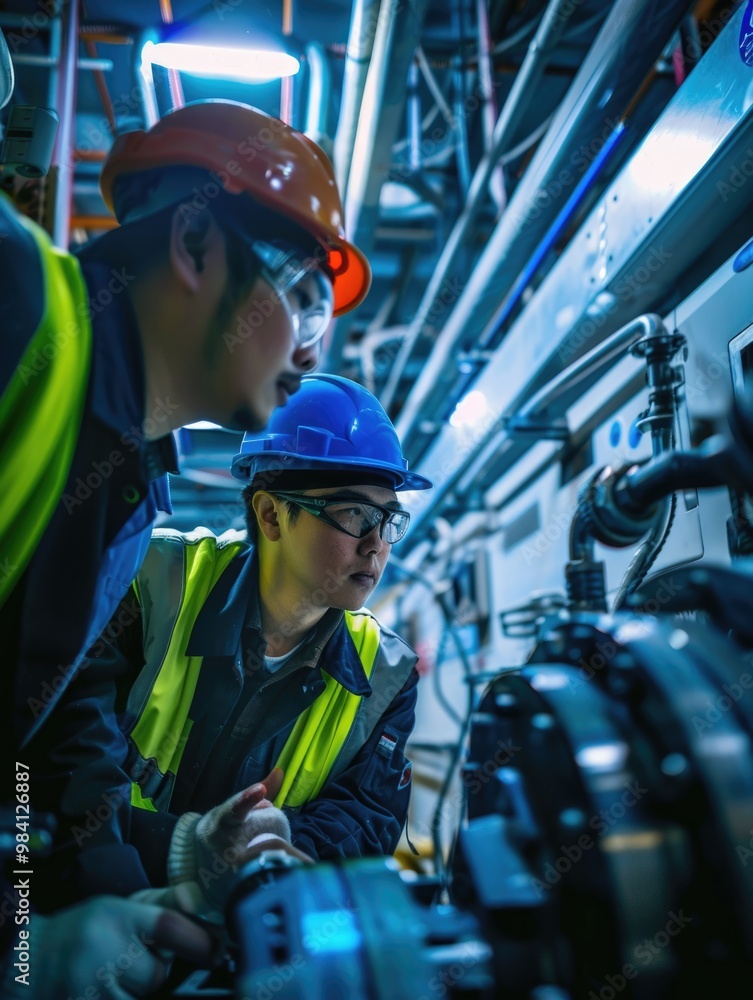 Industrial workers wearing hard hats, engaging with a mechanical assembly. Industrial workers wearing hard hats, engaging with a mechanical assembly.