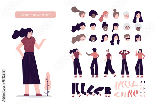 Adult woman character constructor. Businesswoman or female office worker. Set of different faces, poses, gestures and emotions, position of arms, legs and body for animation.