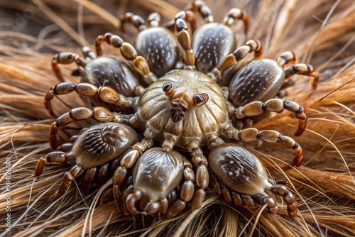 Tiny, brownish-gray parasites with claws and mouthparts nestle in dark-colored hair tufts, surrounded by oil residue, blending into the tangle. photo