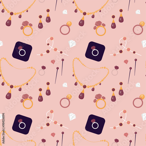 Seamless pattern with necklace, rings, earrings with diamonds. Precious metals and brilliants. Texture, wallpaper template with jewelry, expensive accessories.