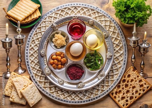 Traditional Jewish Passover Seder Plate adorned with symbolic foods, including charoset, maror, and zeroa, on a beautifully set table with Hebrew letters and decorations. photo