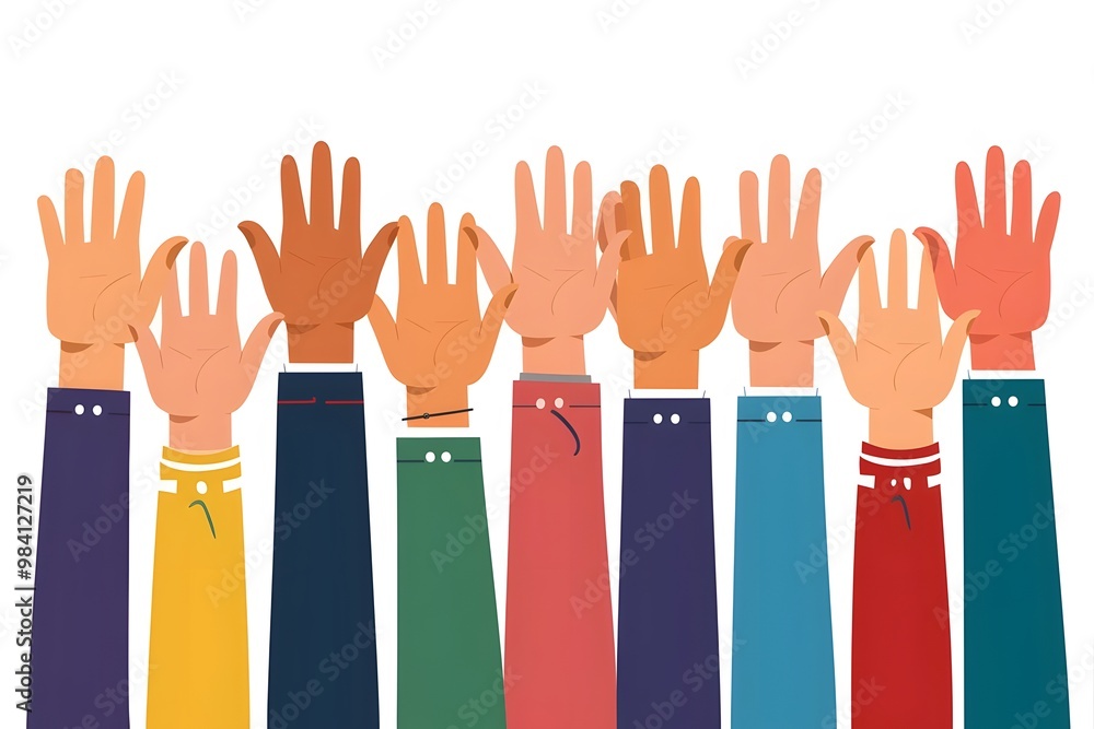 Raised colored hands on white background Raised colored hands on white background