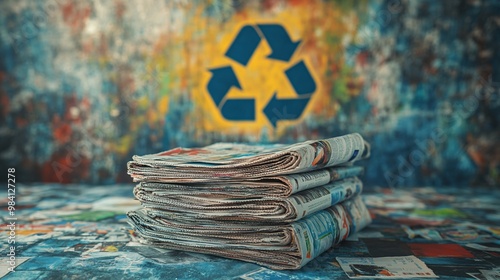 A stack of old newspapers and magazines bundled together for recycling, with a visible recycle symbol in the background. The image represents the importance of recycling paper to reduce