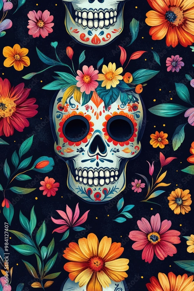 Dia de los Muertos floral illustration with decorative sugar skulls. Dia de los Muertos floral illustration with decorative sugar skulls.