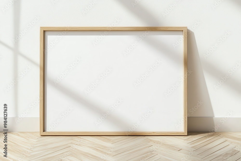 Fototapeta premium A simple, modern scene of a wooden-framed blank canvas lying on a light wood chevron