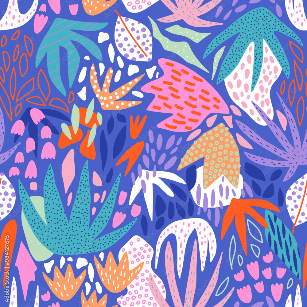 Obraz premium Seamless pattern with abstract tropical leaves, flowers, shapes and textures. Bright artistic vector background