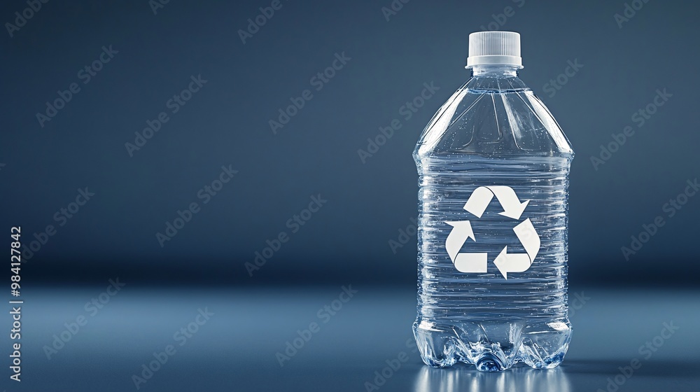 A clear plastic detergent bottle with a large recycle symbol printed on the side. The image draws attention to recycling household cleaning containers to reduce environmental impact. Large space for A clear plastic detergent bottle with a large recycle symbol printed on the side. The image draws attention to recycling household cleaning containers to reduce environmental impact. Large space for