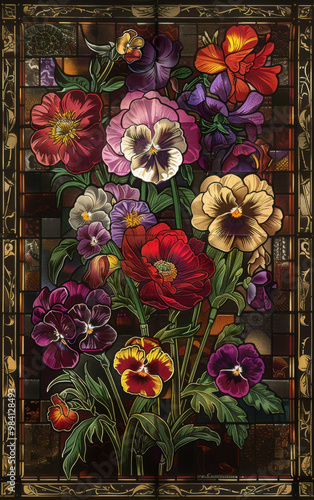 Vivid Victorian Stained Glass Florals: High-Contrast Gouache Chromolithography Illustration from 1845-1895, Clean Vector Art, Centered with 50% Margin photo