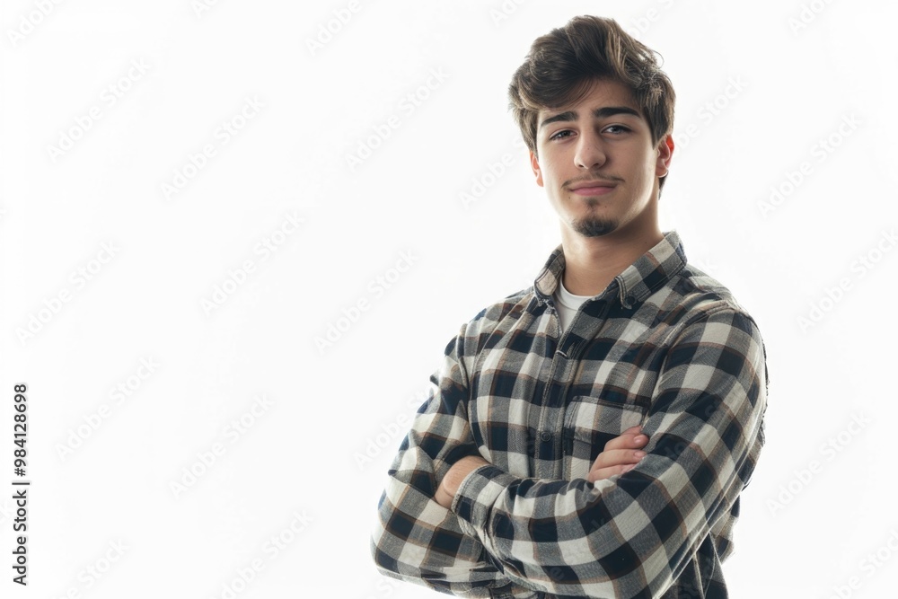 A young man posing confidently with arms crossed, in a plaid shirt. Portrait with neutral background. A young man posing confidently with arms crossed, in a plaid shirt. Portrait with neutral background.