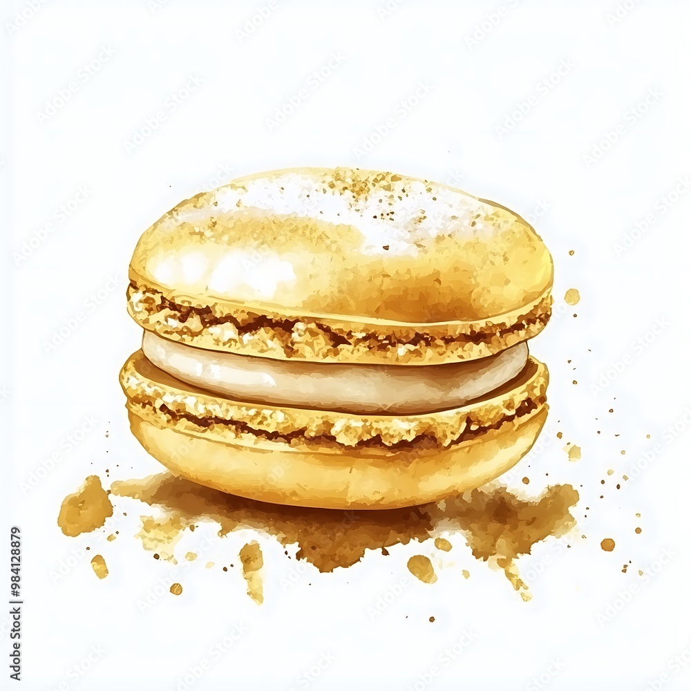 Golden Macaron with Watercolor Splashes. Golden Macaron with Watercolor Splashes.