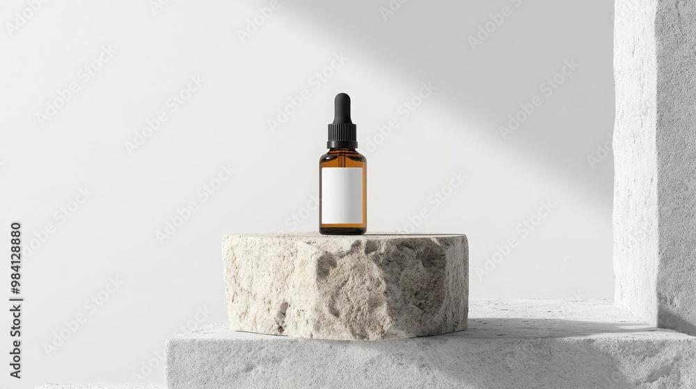 blank labelled facial serum oil bottle stands on a minimalist stone podium on a light grey background, professional studio shot, 16:9 blank labelled facial serum oil bottle stands on a minimalist stone podium on a light grey background, professional studio shot, 16:9
