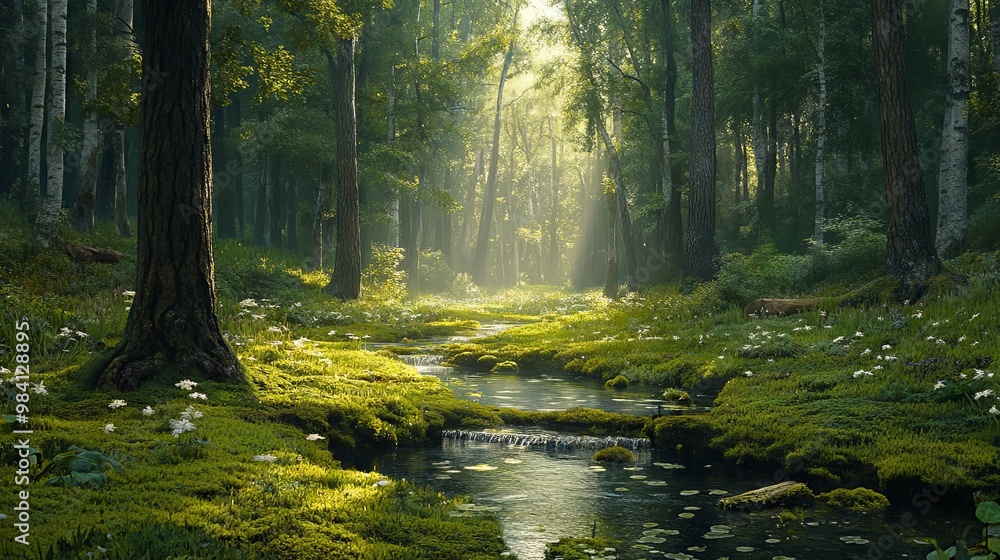 Obraz premium Peaceful forest clearing with soft moss, tall trees